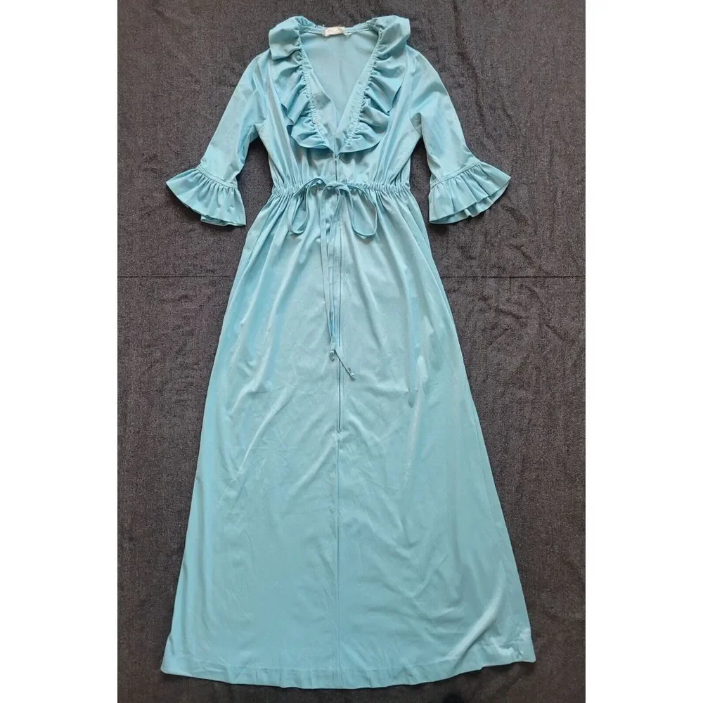 Vintage 70s Maxi Dress Baby Blue Nightgown Ruffles‎ Tie Waist Size M V Neck